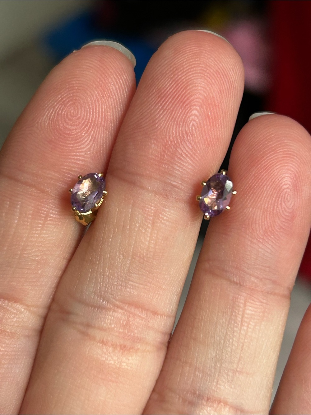 4/$100 Gold-Setting Purple Amethyst Oval Gemstone Stud Earrings